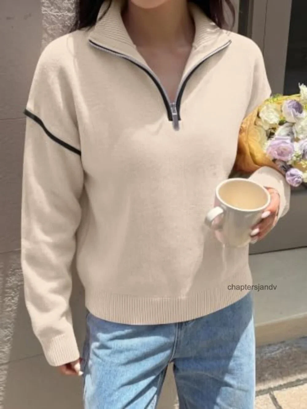 Women's Quarter Zip Pullover Sweater Loose Fit Knit V Neck Collared Fall